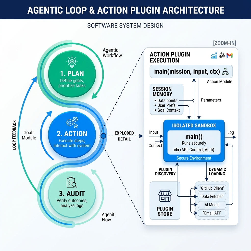 Sơ đồ Nguyên Lý Vận Hành Agentic Loop & Action Plugin